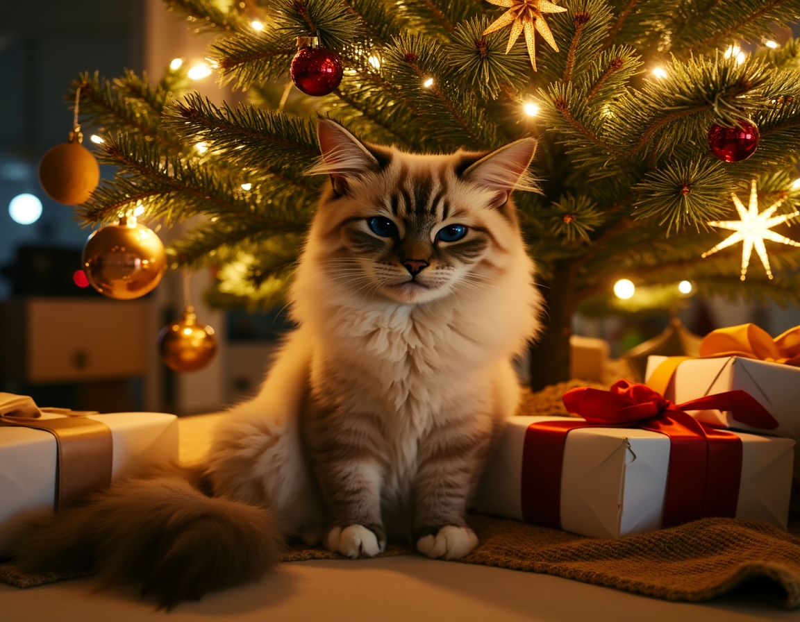 Cat sitting under a beautifully decorated Christmas tree, surrounded by twinkling lights, ornaments, and wrapped presents, with a warm, cozy glow.